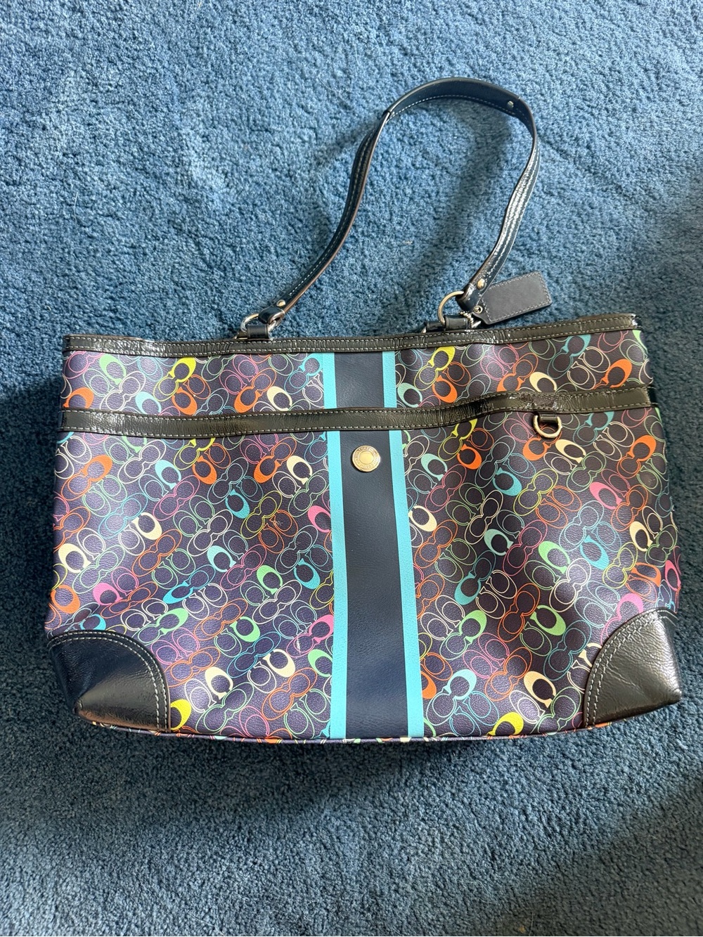 Coach Multicolor Signature Tote with Teal Center Stripe